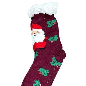 Burgundy Santa Holly Sherpa Slipper Socks